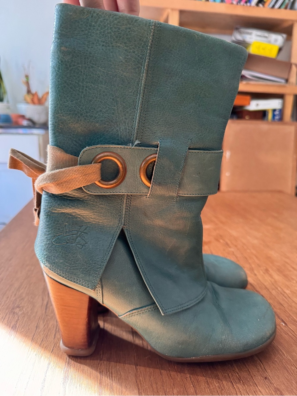 John Fluevog Sopranos Inge Teal Mid-Calf Leather Heeled Boots with Buckle Size 9
